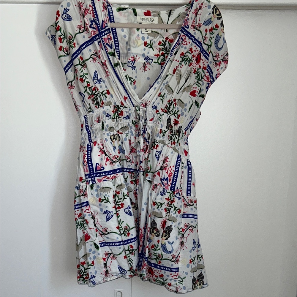 Rachel Zoe White Floral and Blue Trim Dress